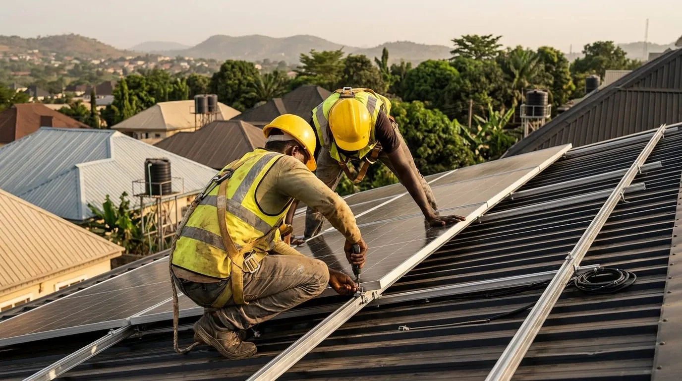 Two technicians in hi-vis vests fastening a solar panel to rails on a rooftop in Abuja