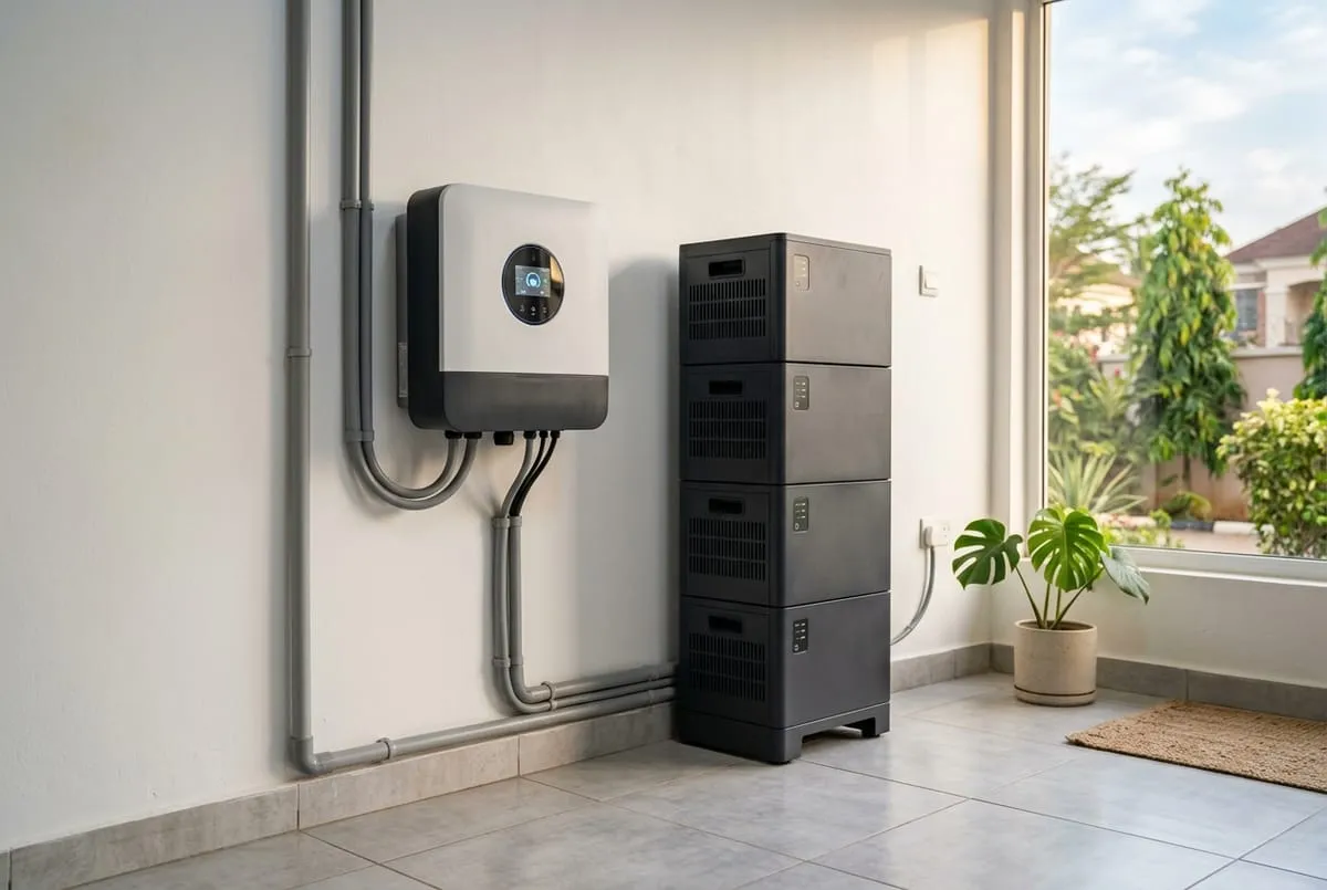 Wall-mounted hybrid inverter beside a stacked lithium battery cabinet in a clean utility room