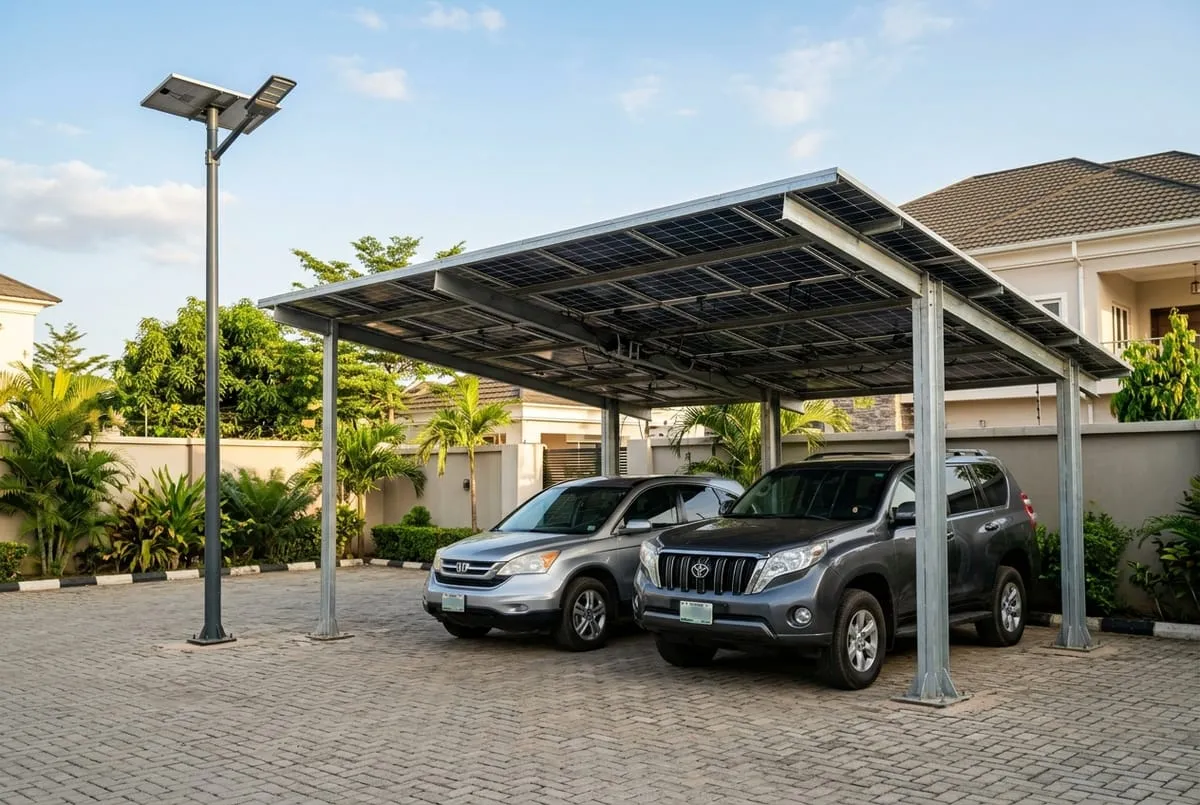 Steel carport with a roof made of solar panels shading parked cars