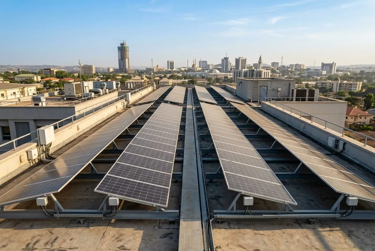 Large solar array on the flat roof of a commercial building in Abuja