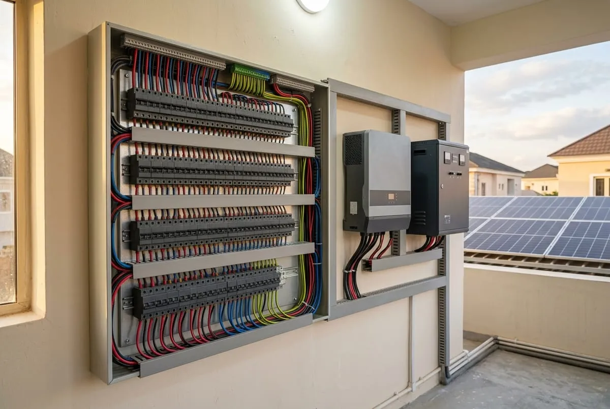 Neatly wired electrical distribution board with labelled breakers