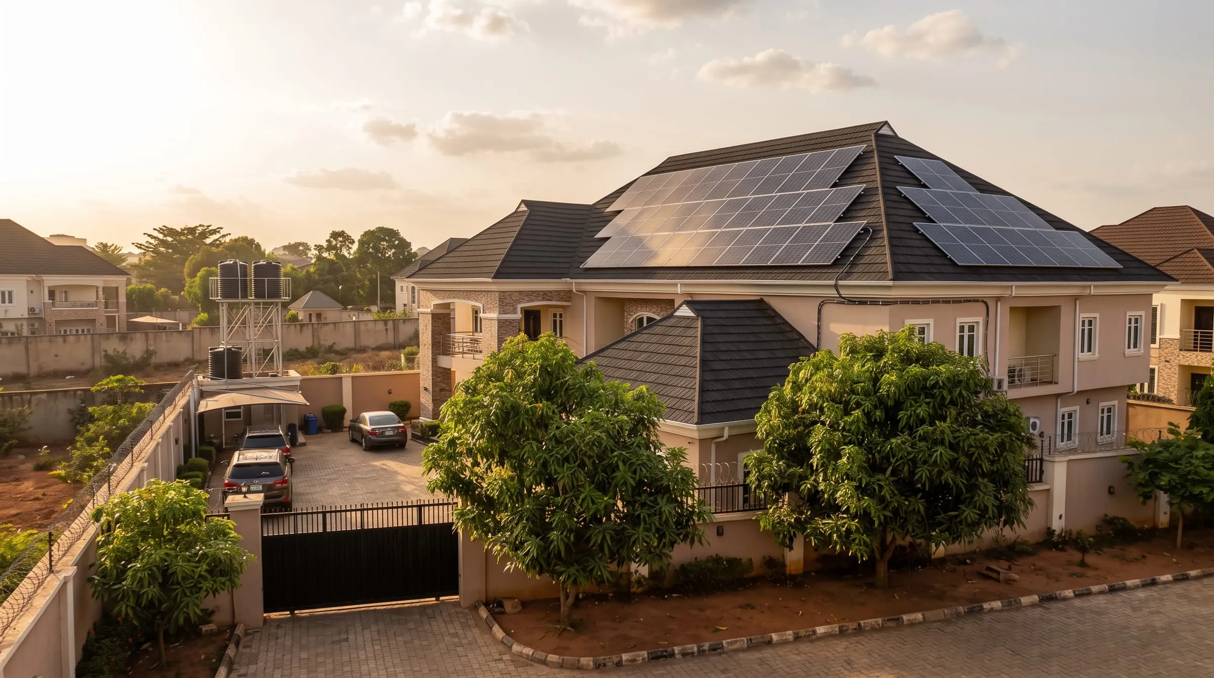 Rows of solar panels on the roof of a house in Abuja in warm late afternoon light