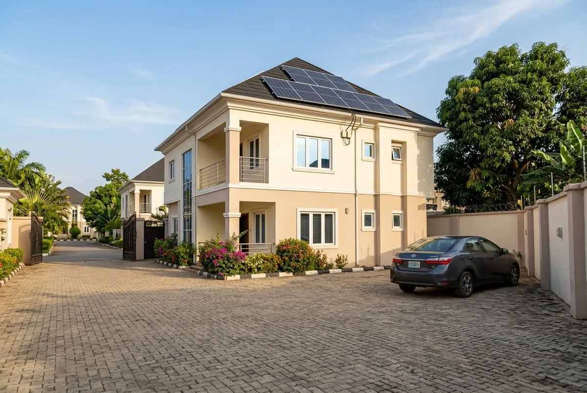 Solar panels installed on the pitched roof of a Nigerian family home