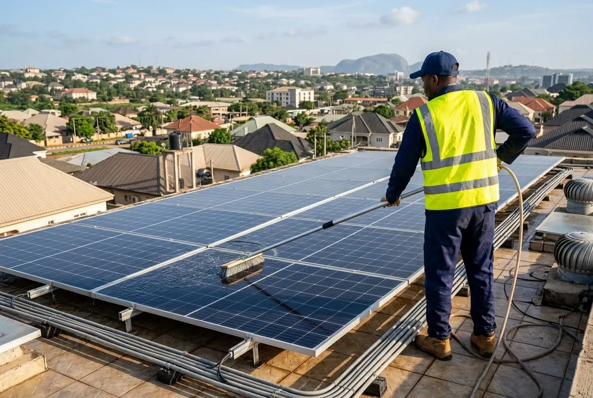 Technician in a hi-vis vest cleaning solar panels on a rooftop